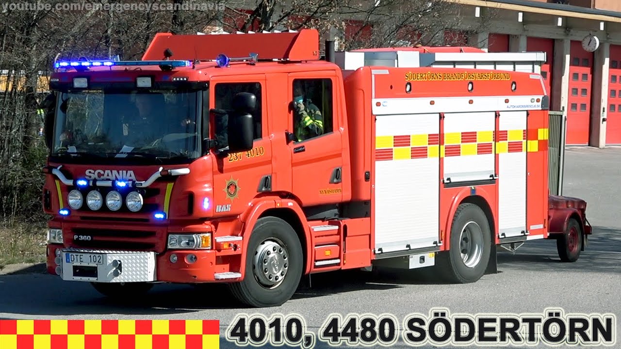 Fire truck (with old equipment trailer from the 60s) and a command unit responding [SE | 4.2021]