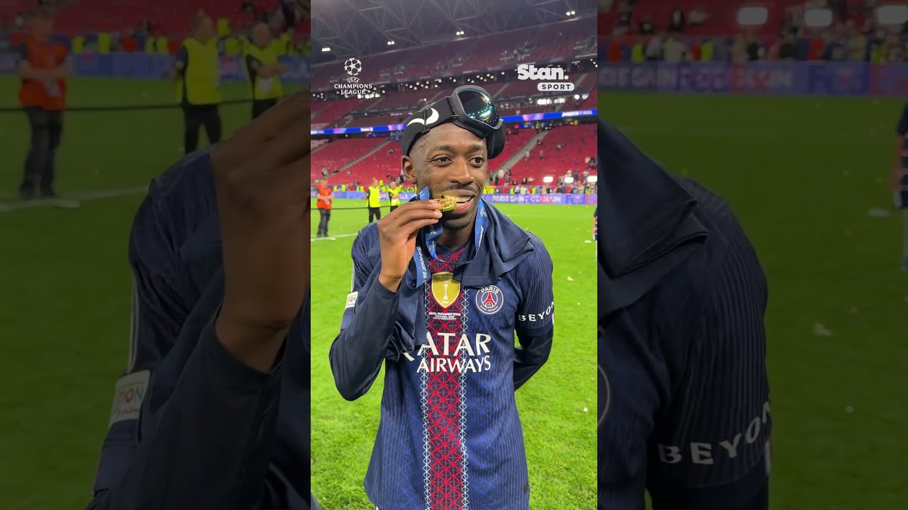 Kvaratskhelia, Doue and Dembele celebrate Champions League win 🏆😃 #UCL #PSG