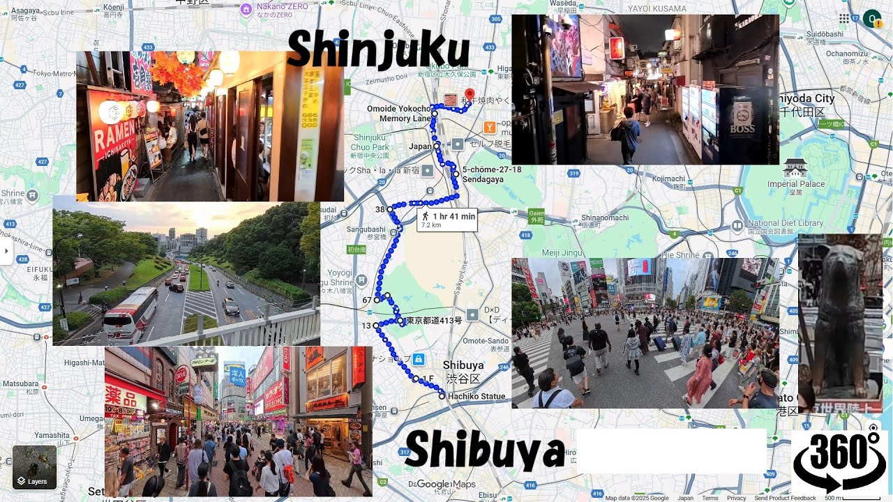 Tokyo city walk from Shibuya crossing to Golden Gai, Shinjuku. 360 video in 8K.
