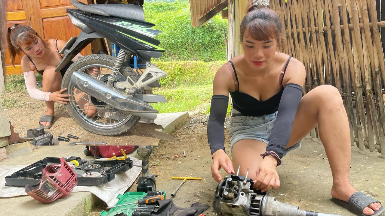 Genius Girl Fixes Lawn Mower That's Clogged With Fuel and change inner tube of RSX 110cc