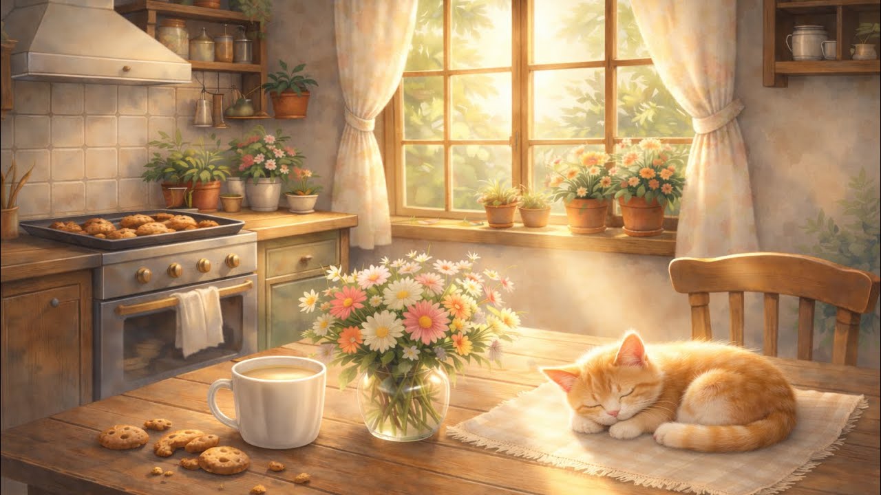 Soft Ambient Piano 🍃 Cozy Cottage Kitchen w/ Sleeping Cat | Calm Study & Relax Music (1 Hour) No Ads