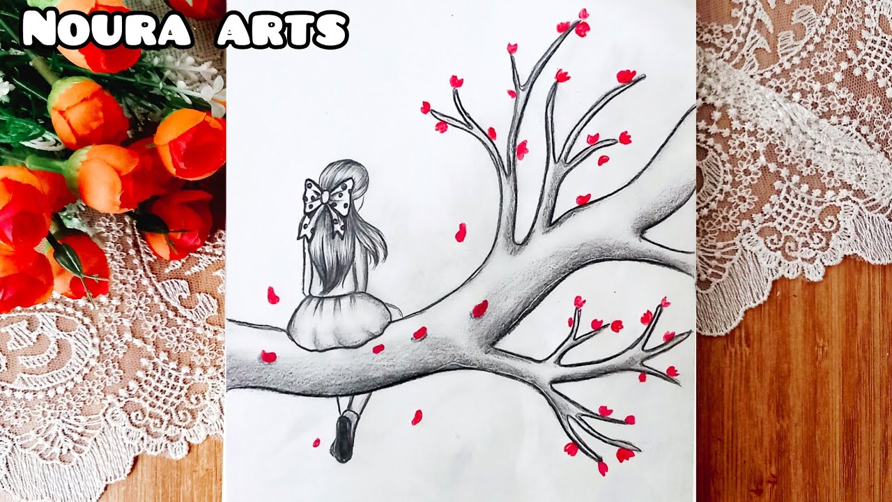 رسم سهل | رسم بنات | تعليم رسم بنت كيوت تجلس على غصن شجرة خطوة بخطوة | رسم بنت مع شجرة | رسم بالرصاص