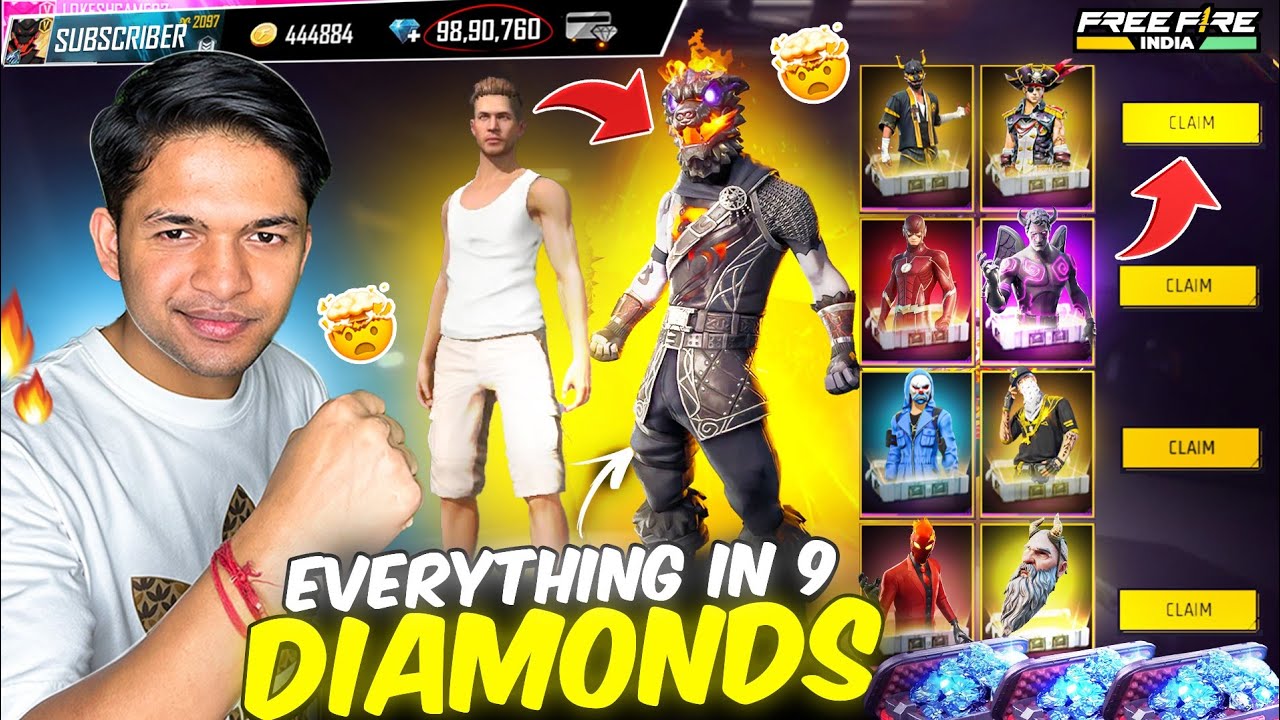 Everything In 9 Diamonds 💎 In Subscriber Account Got 7 Evo Skin 😱 & 7 Rare Bundle Free Fire
