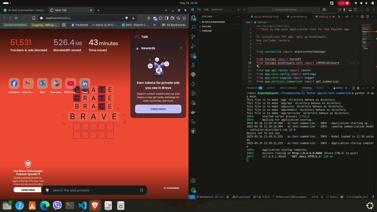 AI text summerizer implementing 12 factor app principle, fastAPI, Docker