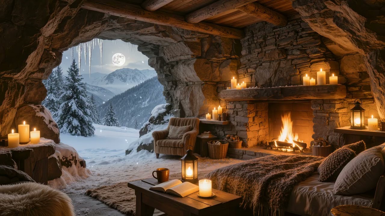 Cozy Cave Winter Ambience ❄️🔥 Fireplace, Snowfall & Wind Sounds for Sleep, Relaxation & Study
