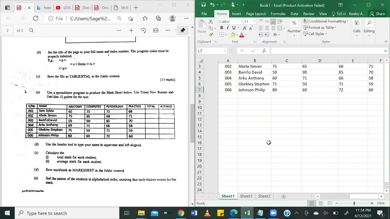 Solving Exams Excel Practical Question