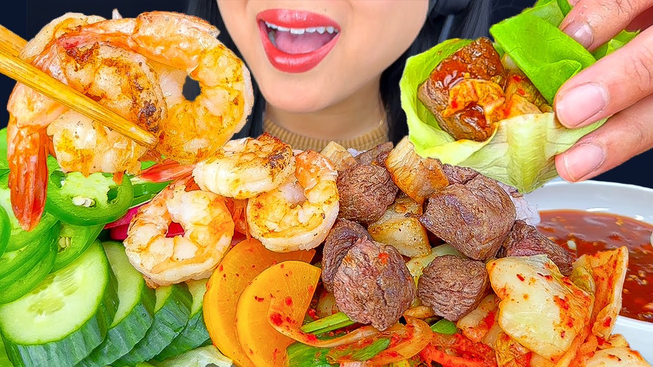 Korean BBQ Grilled Beef And Pork Belly With Veggies | ASMR | EATING SOUNDS | MUKBANG