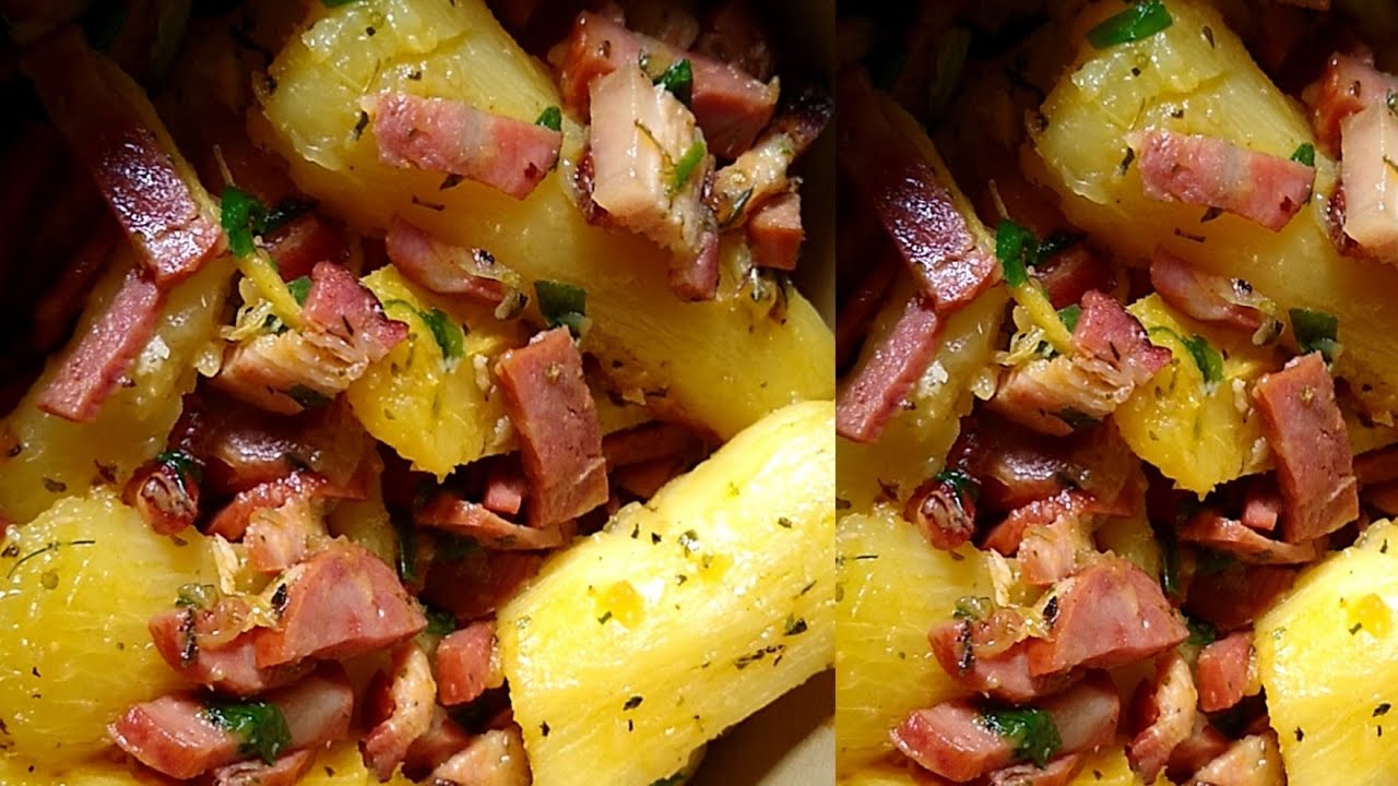 Mandioca temperada Com bacon e Calabresa