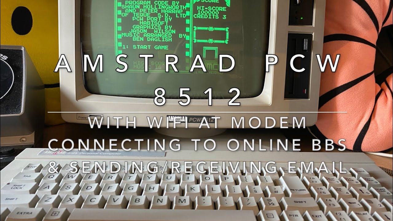Amstrad PCW 8512 with Gotek Drive and WiFi AT Modem connecting to Online BBS, Email and Pacmania