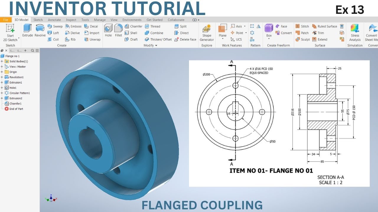 Autodesk inventor 3D modeling Tutorial | Ex 13 | Flange no 1| Flanged Coupling |