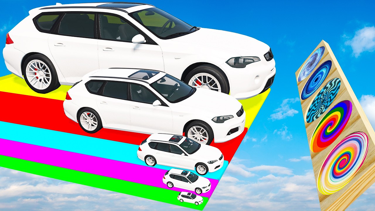 Giant & Small Police Car vs Portal Trap with Slide Colors – Cars vs Trains – BeamNG.Drive