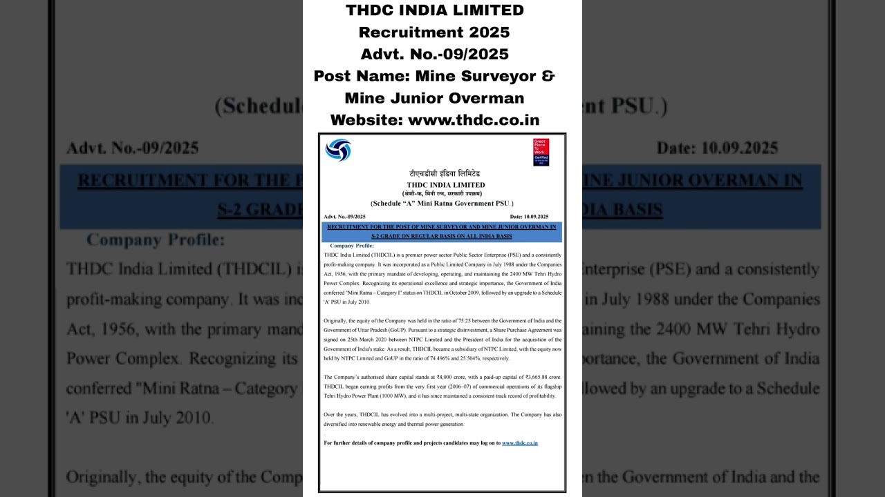 THDC Recruitment 2025 // Post Name:Mine Surveyor & Mine Junior Overman More Details in Description👇👇