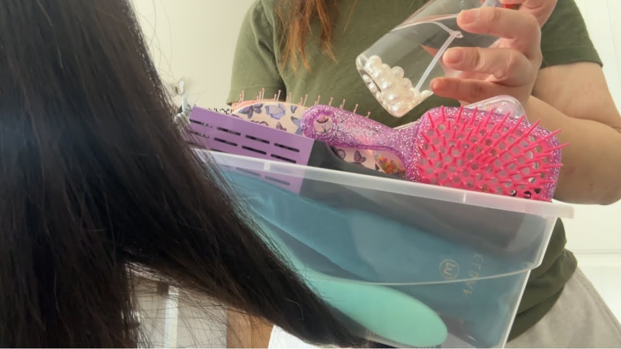 ASMR| Brushing your hair with lots of brushes-hair play & some hair spraying 😴