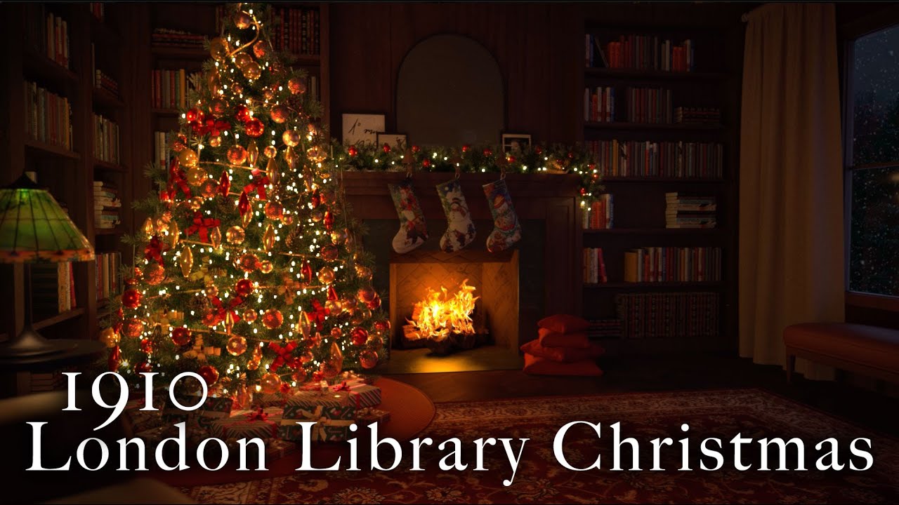1910 London Library Christmas: Cozy Fireplace and Snowy Ambience/ASMR for Relaxing and Sleeping