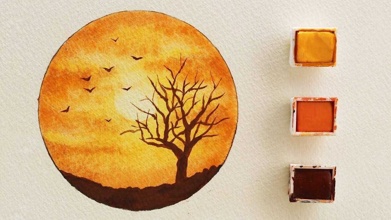 تعلم الرسم بالالوان المائية 🎨: كيف ترسم منظر غروب سهل بـ 3 الوان فقط 🌅