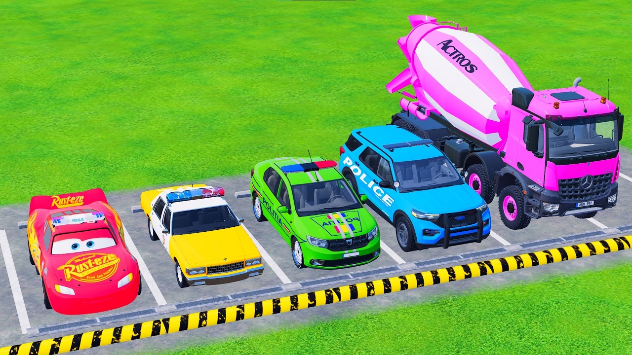TRANSPORTING ALL POLICE CARS - MCQUEEN,CHEVROLET,FORD,MIXER TRUCK with MAN TRUCK - FS 22 Galaxy Farm