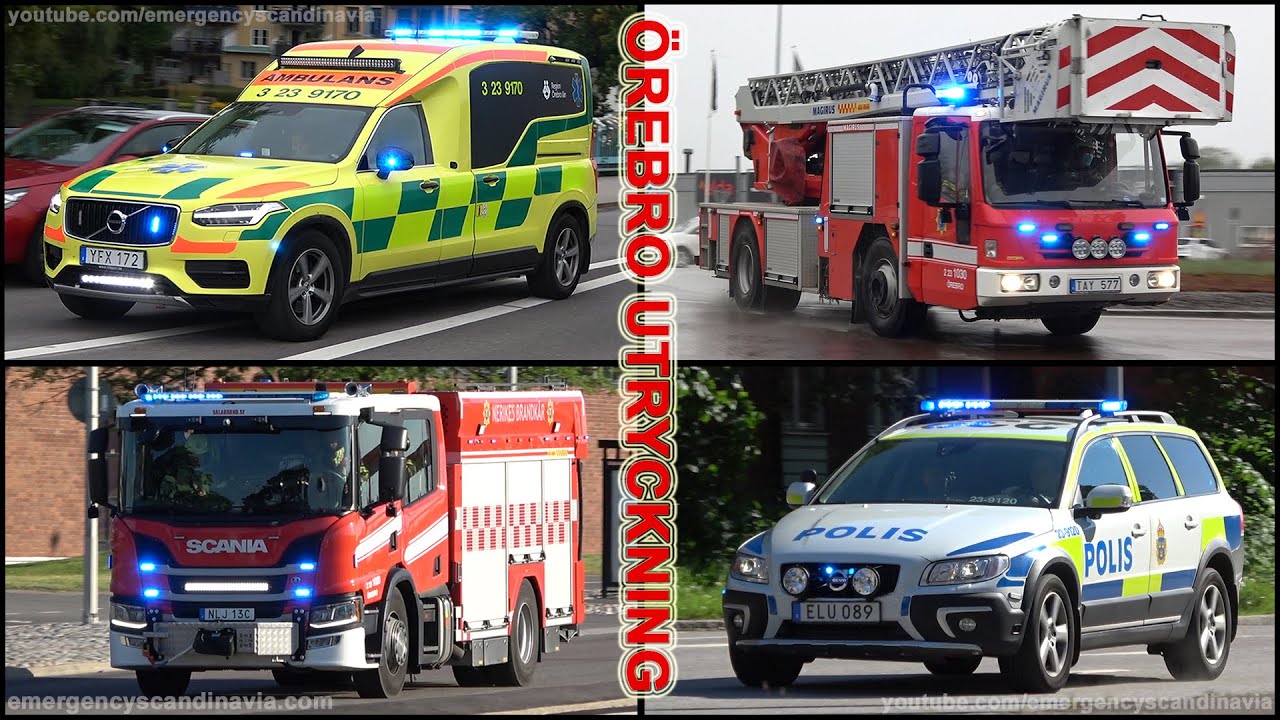 Police cars, Fire engines and Ambulances responding in Örebro, Sweden