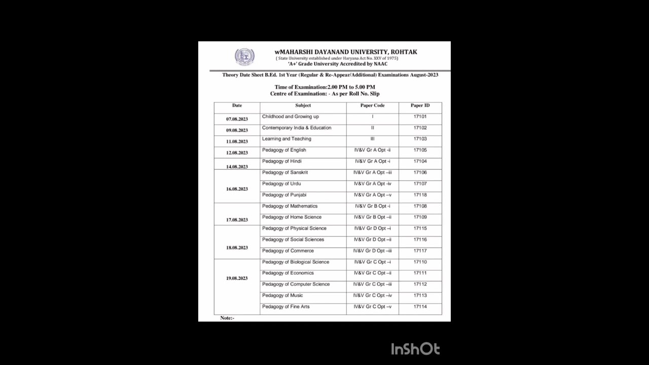 b.ed 1st year  datesheet of mdu