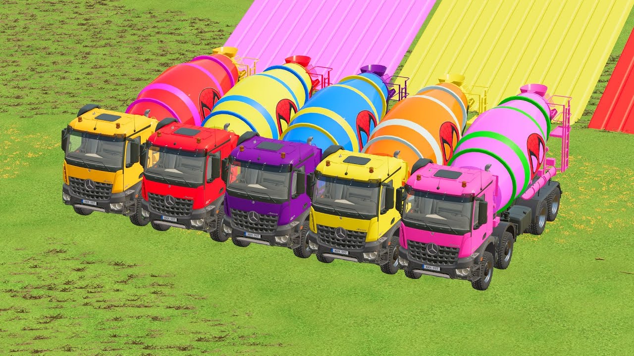 ALL MIXER TRUCK WITH DOUBLE FLATBED TRAILER TRUCK, SCANIA, MERCEDES - FS22 #683