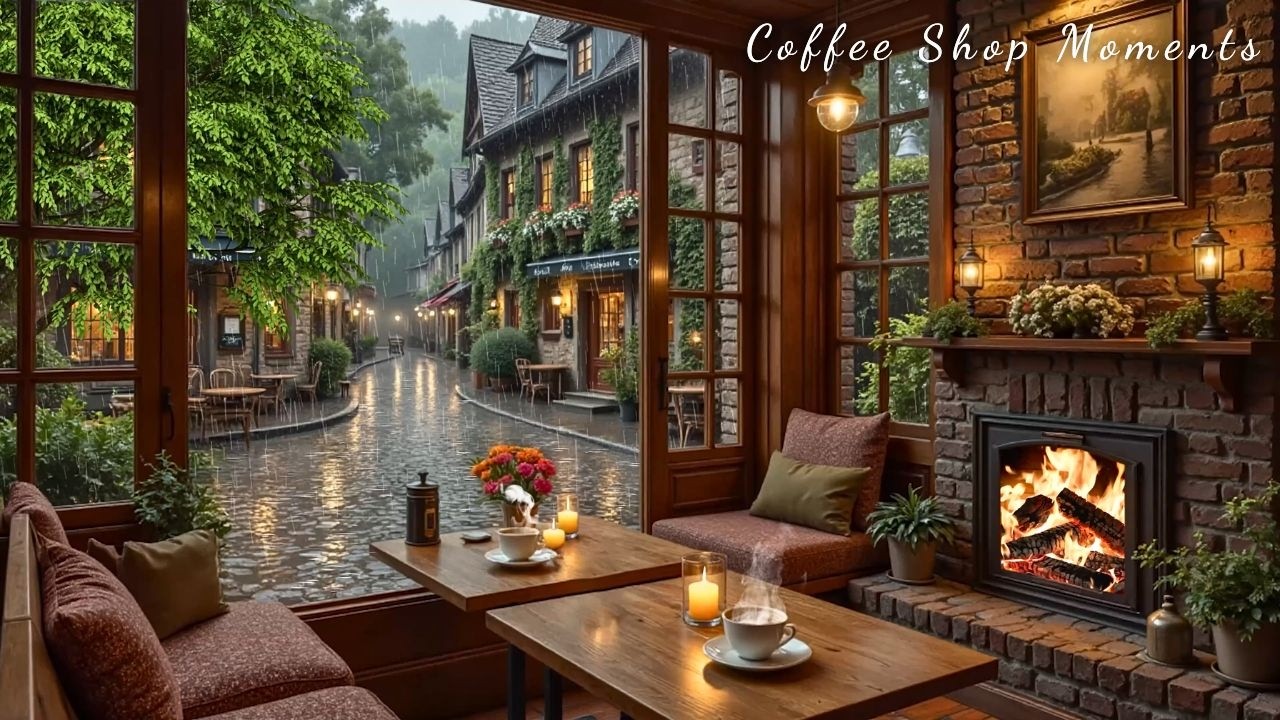 Спокойный дождь у кофейни ☕ Нежная джазовая фортепианная музыка и звуки камина для отдыха и работы