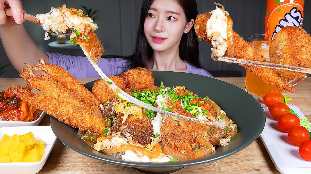 ASMR MUKBANG | Сыр Кацудон ★ Сырная свиная котлета с рисом и жареными креветками