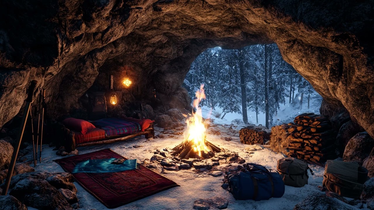 Peaceful Winter Night with Snow | Cozy Fireplace Ambience on Cave for Deep Sleep and Inner Calm