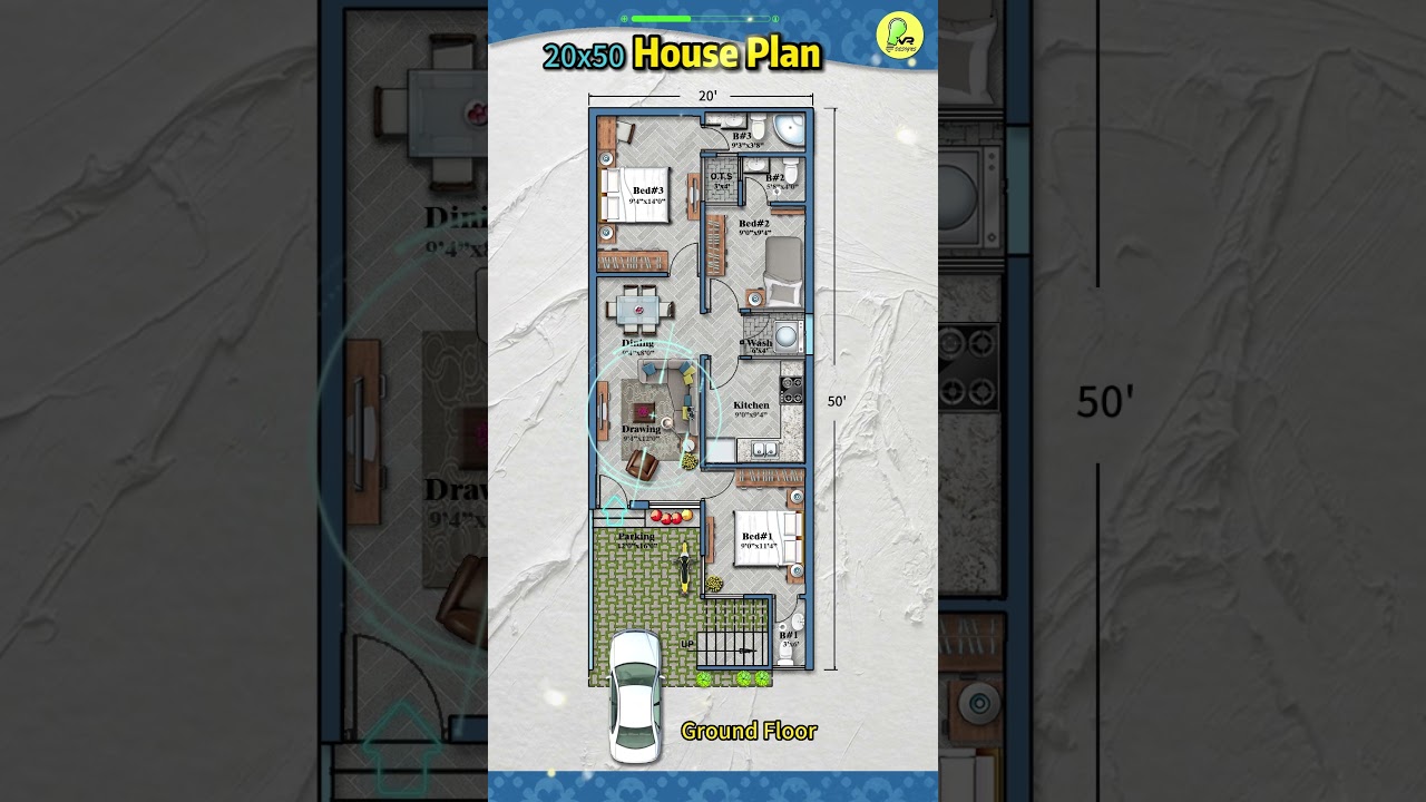 20×50 house plan, 3 bhk with car parking and wash, 20 by 50 home plan, house design
