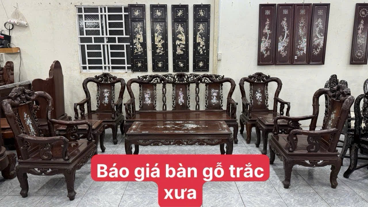 Giới thiệu bộ bàn gỗ trắc ta xưa, tranh tứ quý, tủ thờ cẩn ốc đỏ, đỉa nhất long, đôn gỗ trắc hiếm.