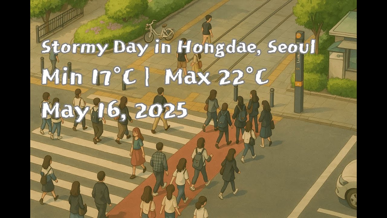 🌧️ Stormy Day in Hongdae, Seoul | Min 17°C | Max 22°C | May 16, 2025