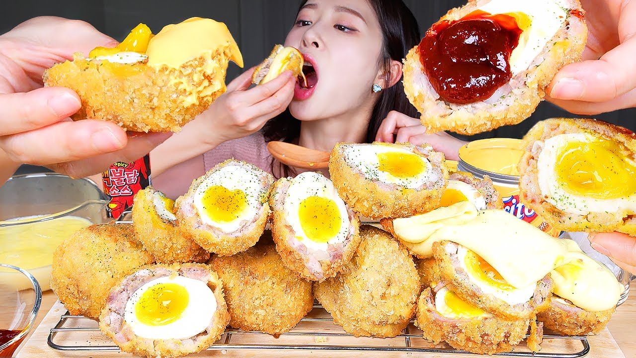 ASMR MUKBANG | Хрустящие домашние яйца по-шотландски🤤 Сырный соус Острый огненный соус Сыр Моцарелла