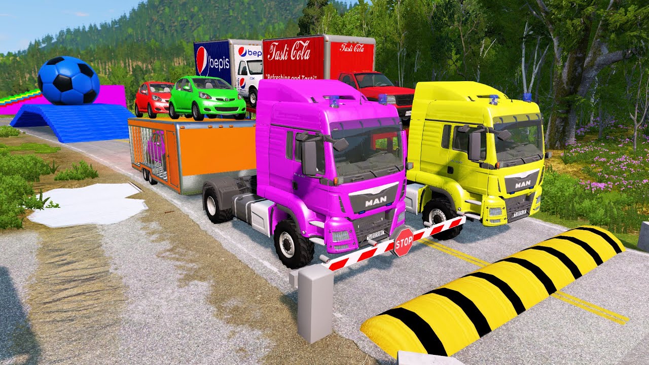 Double Flatbed Trailer Truck vs Speedbumps Train vs Cars Beamng.Drive 99