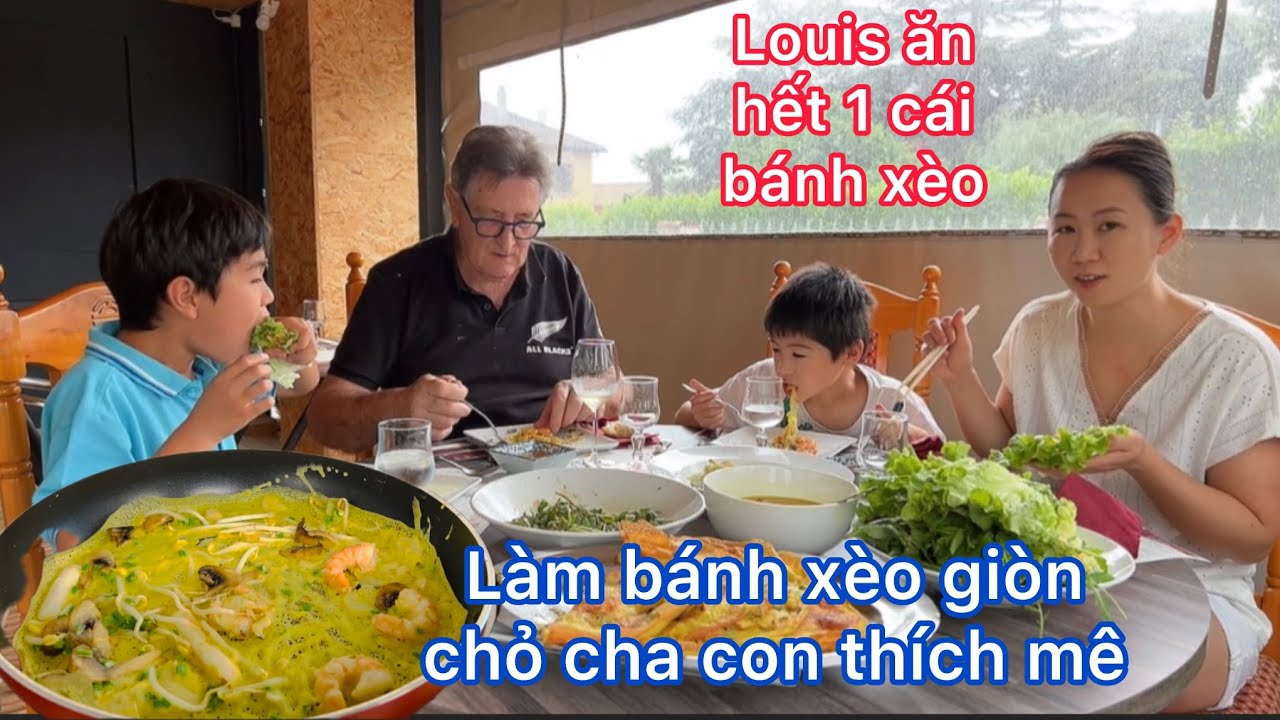 Làm bánh xèo hải sản tìm ra cách để bánh thiệt giòn 3 cha con ăn sạch bàn/ẩm thực việt nam ở pháp
