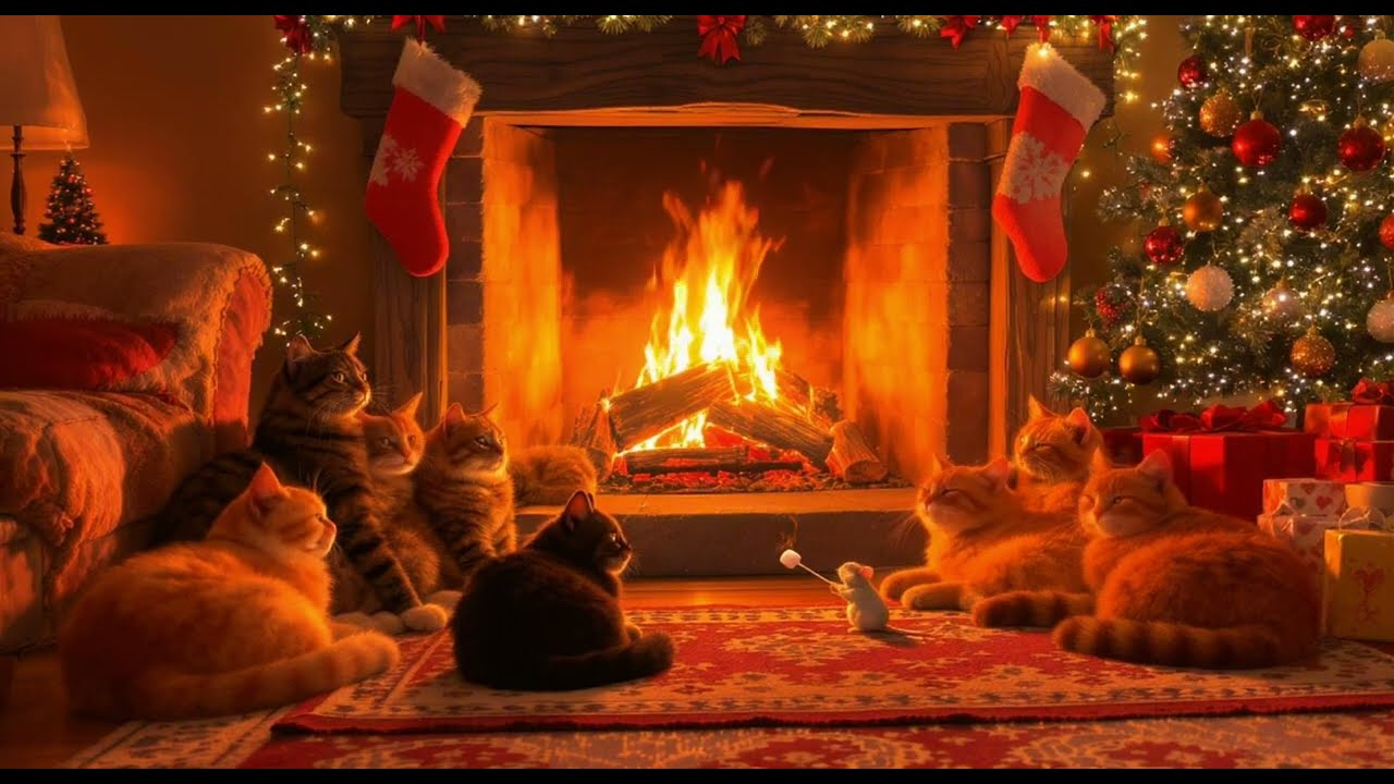 Cozy Christmas Fireplace with Cats 🎄 Relaxing Crackling Fire Sounds & Holiday Ambience | 4K