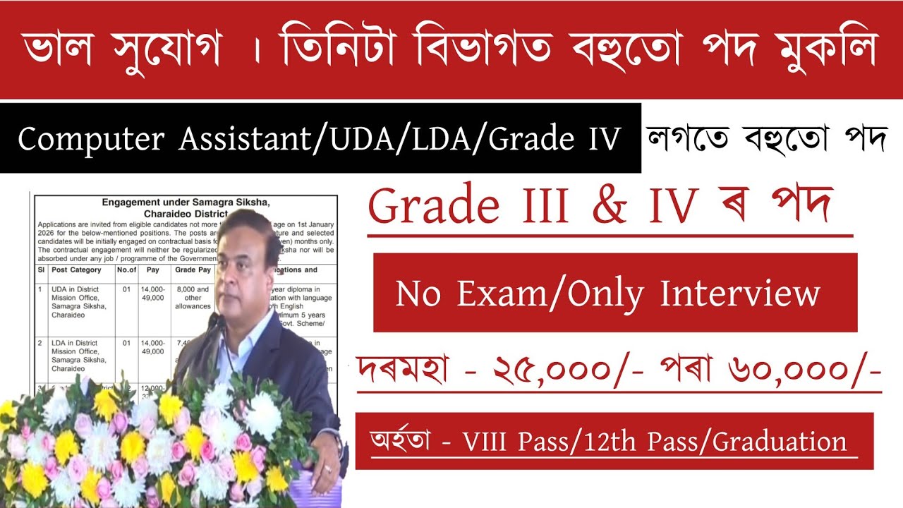 তিনিটা বিভাগত নতুন চাকৰি । Assam New Recruitment | পৰীক্ষা দিব নালাগে | Assam Job Vacancy 2026