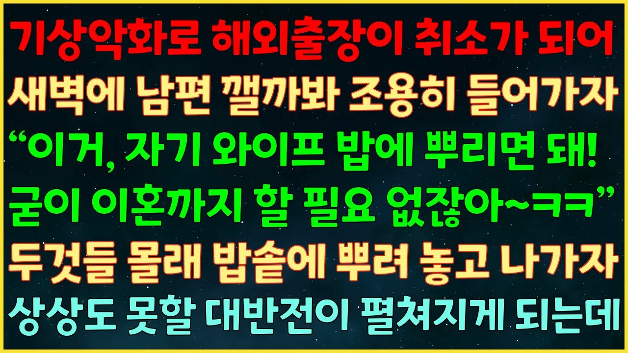 (실화사연) 기상악화로 출장 취소가 되어 집에 가자 “이거 자기 와이프 밥에 뿌려! 이혼까지 할 필요 없잖아ㅋ” 두것들 몰래 밥솥에 뿌려놓고 나가자 상상도 못할 대반전이 펼쳐지는데