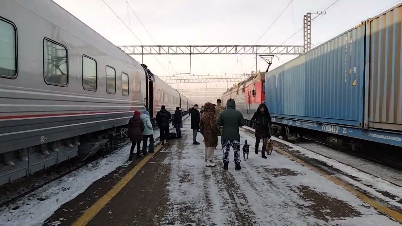Станция Зима, контейнерный поезд с 2ЭС5К-521, пассажиры и собаки гуляют на платформе