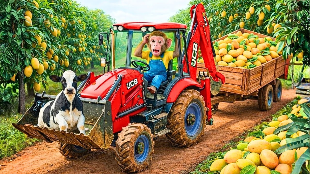 Baby Monkey and Cute Dairy Cow Harvest Tons of Mangoes With a Red Tractor 🚜🍋| Monkey Farm Work