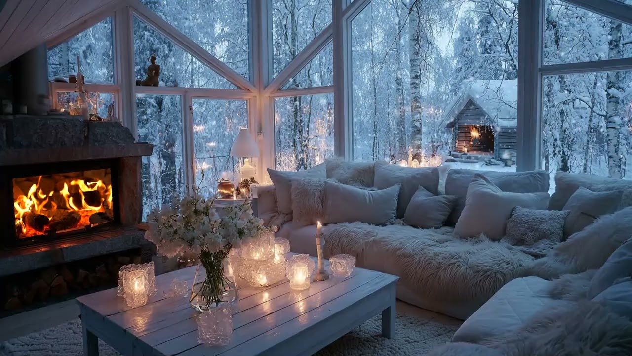 🎹 White Lounge Piano for Winter | Fireplace Warmth & Snowy Window | Study Relax Stress Relief Calm