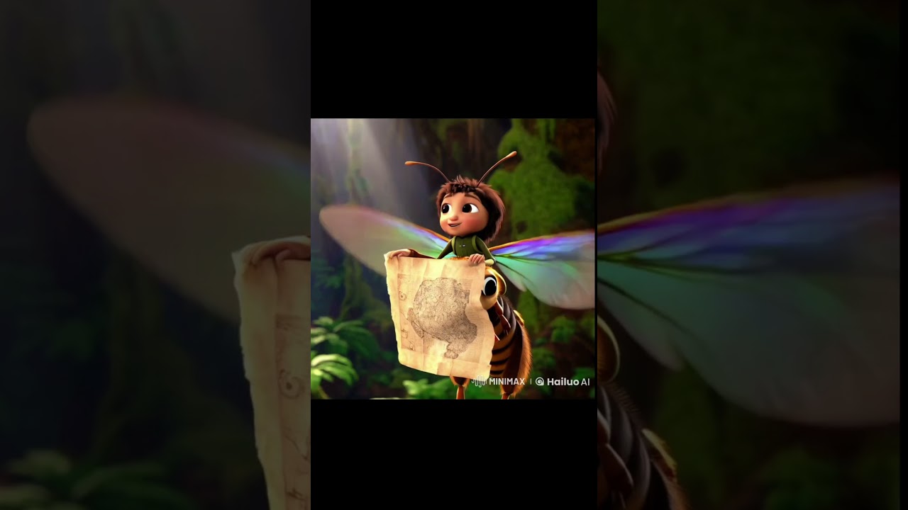 A tiny explorer with a map, riding a hornet through a dense jungle of ferns and moss
