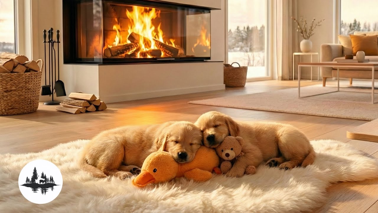 Relaxing Piano Music & Winter Fireplace: Sleeping Puppies with Snow View ❄️🎹