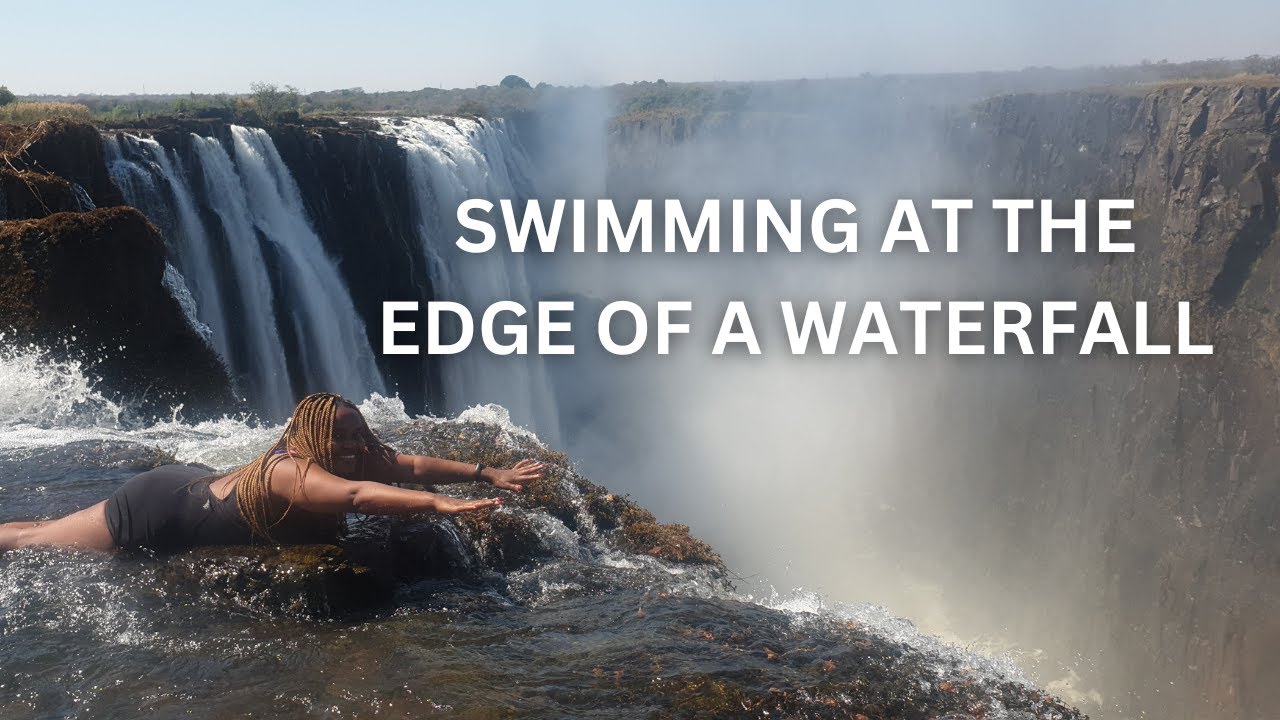 {4k} ANGELS POOL Victoria Falls, Zambia: Swimming at the Edge of the Cliff in Livingstone Island