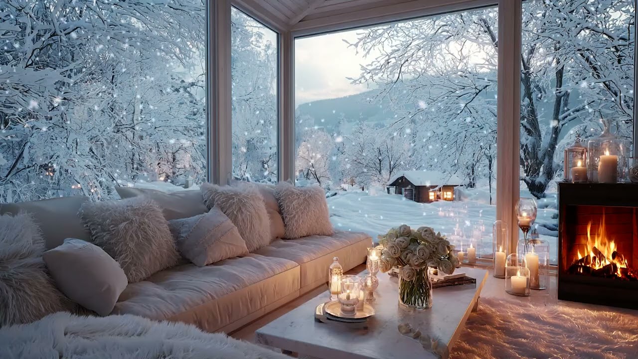Snowy Piano Lounge Ambience | Warm Fireplace 2 Hours | Study Calm Focus