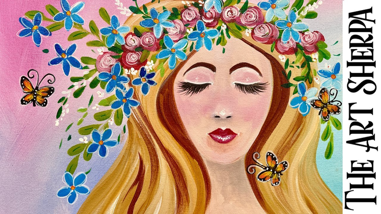 Easy Girl with Flower Crown 🌟🎨 How to Draw and paint acrylics for beginners: Paint Night at Home