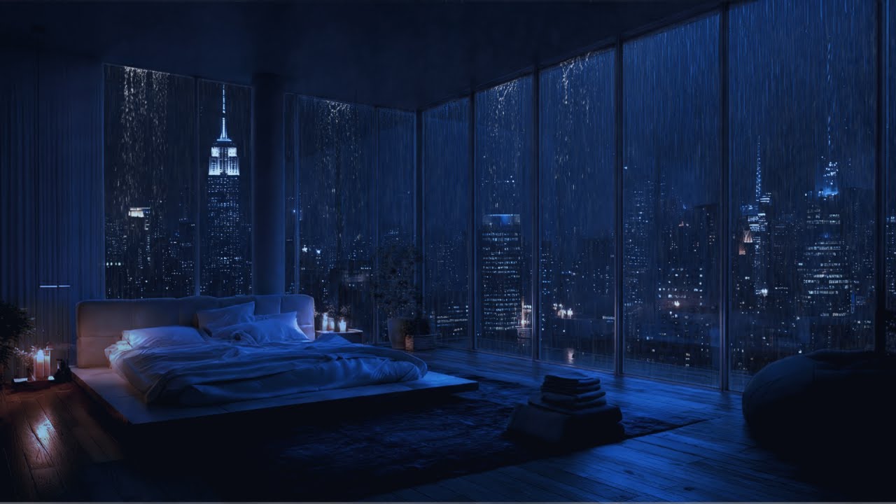 Heavy Rain Sounds for Sleeping | 4K Sleep in a Luxury Apartment Night City View (No Ads)