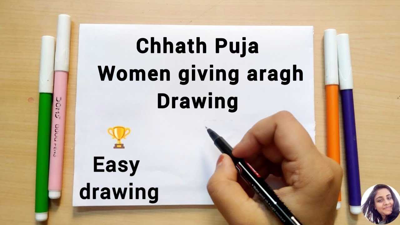 Chhath Puja Drawing | Women Giving Arghya to the Sun in River | Easy Chat Pooja Drawing for Kids