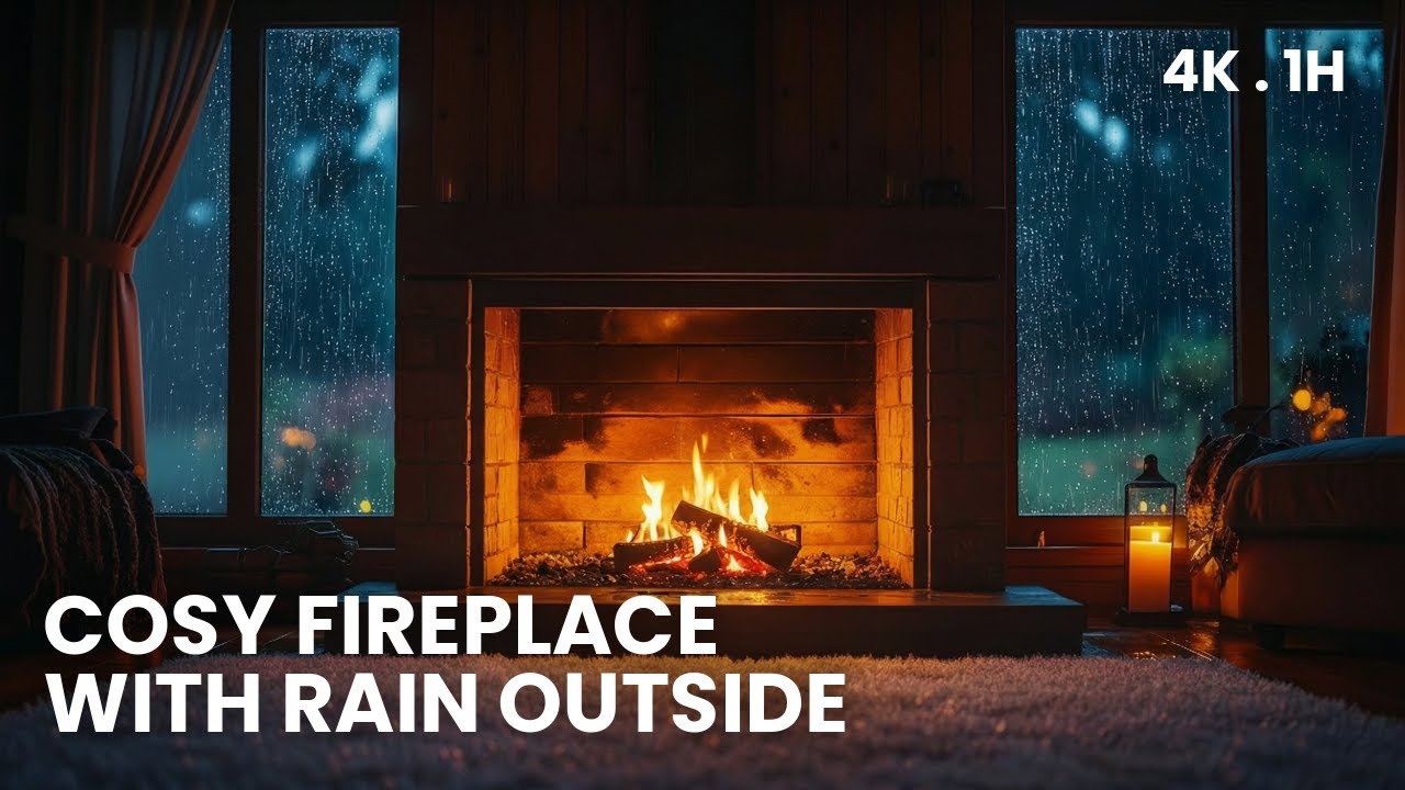 Cozy Fireplace with Rain Outside | Warm Night Ambience for Relaxation (4K • 1H)