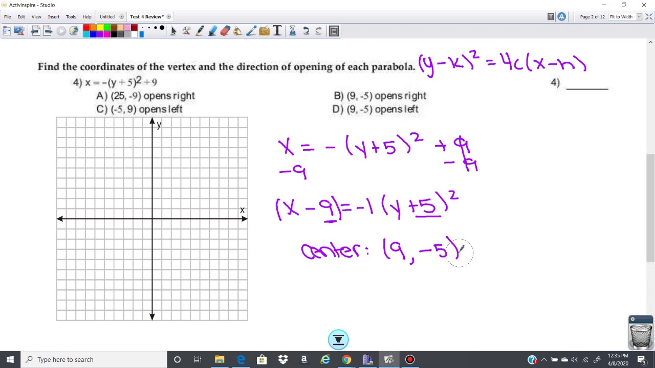 Find the vertex of a Horizontal Parabola 1140 Review #4