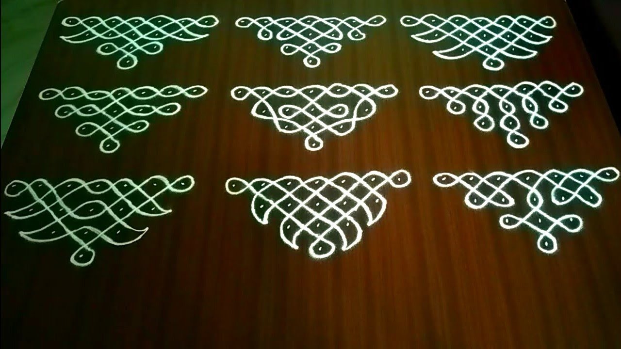 #270, Top 9 side border sikku kolam designs with 7 x 1 dots | side border melikala muggulu