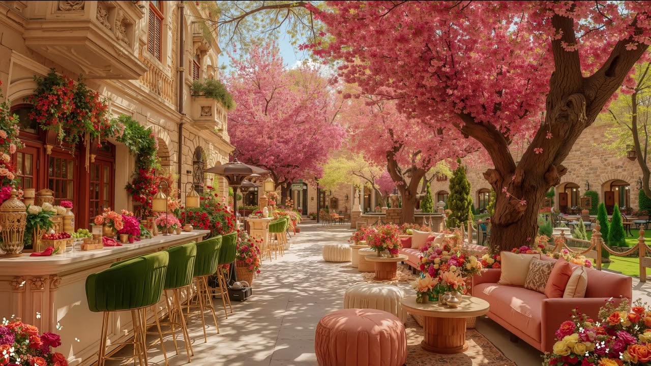 Sweet February Morning Jazz Piano 🌸 Outdoor Coffee Shop Ambience & Nature Sounds for Relaxation