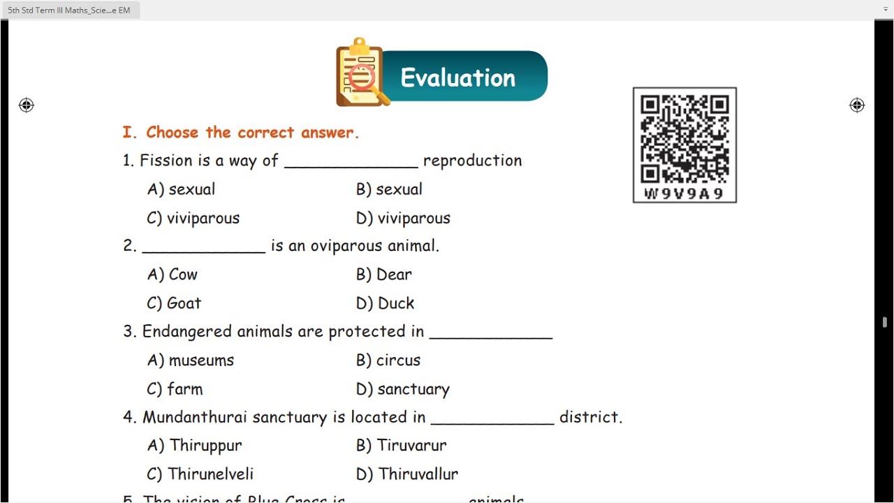 ANIMALS - EVALUATION - UNIT 2 - TERM-3 - SCIENCE - 5TH STANDARD - ENGLISH MEDIUM